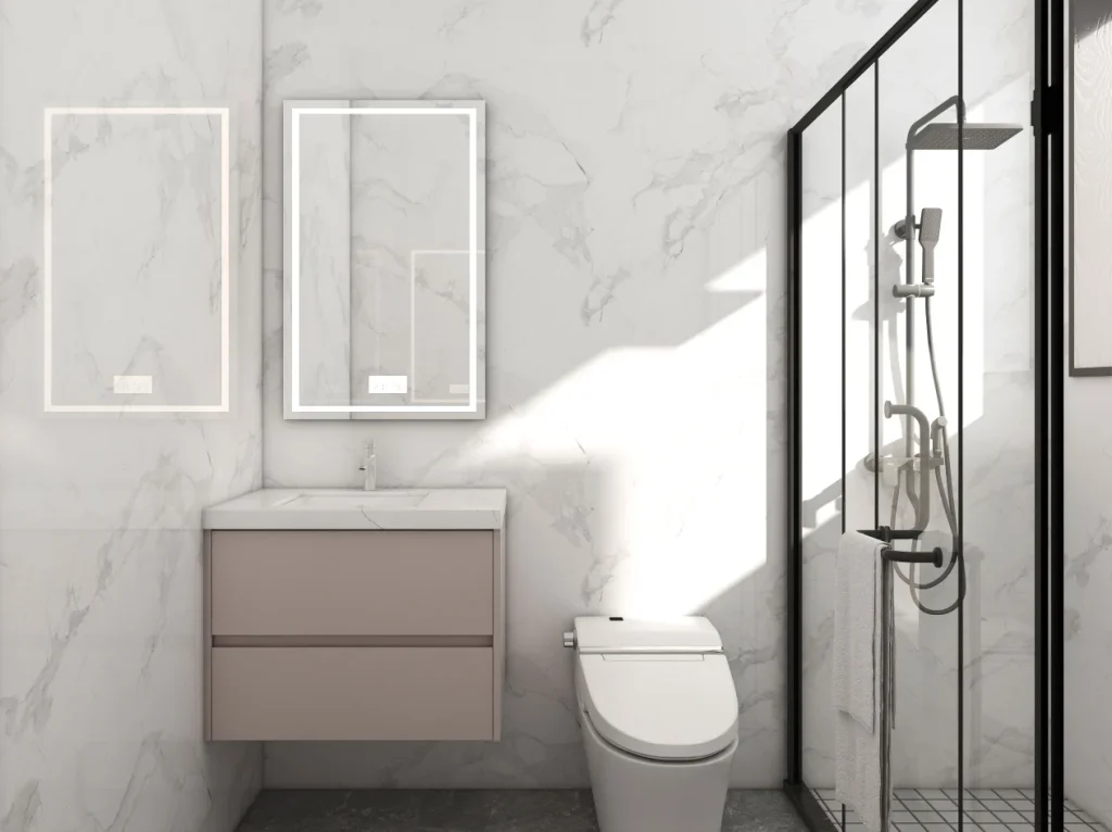 Extended taupe bathroom vanity with a marble countertop, featuring open storage and a vessel sink.