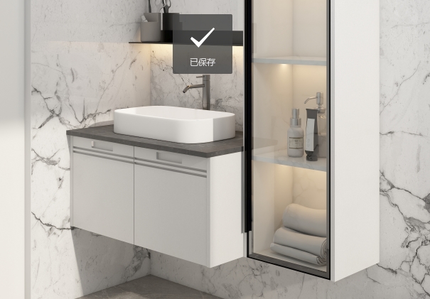 Contemporary floating bathroom vanity with a grey top, illuminated glass shelving, and a minimalist design.