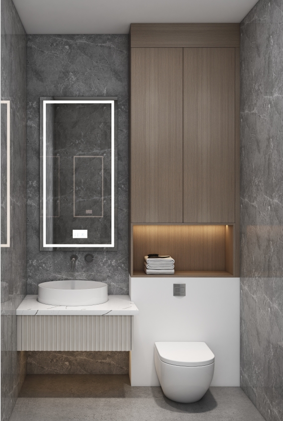 Minimalist bathroom with round mirror and floating vanity. Title: Minimalist Floating Vanity with Round Illuminated Mirror