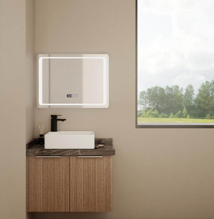 Modern single sink vanity with open shelving and wood-textured cabinets.