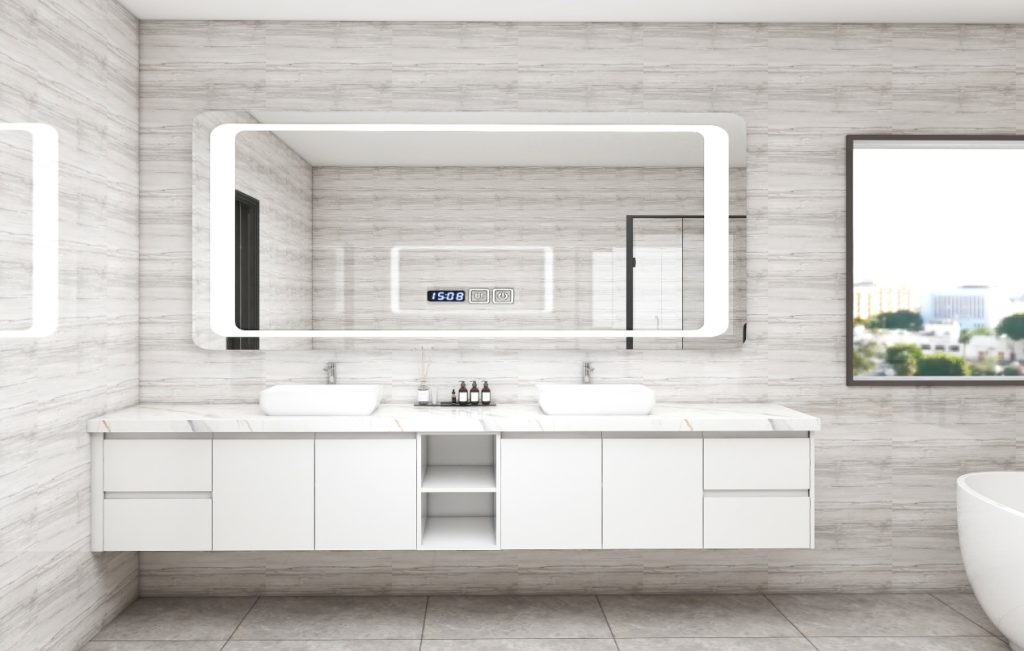 "White floating bathroom vanity with dual sinks and a spacious countertop, complemented by a modern LED mirror and glass shower door.