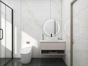 Minimalist bathroom vanity with a round illuminated mirror and light-toned drawer.