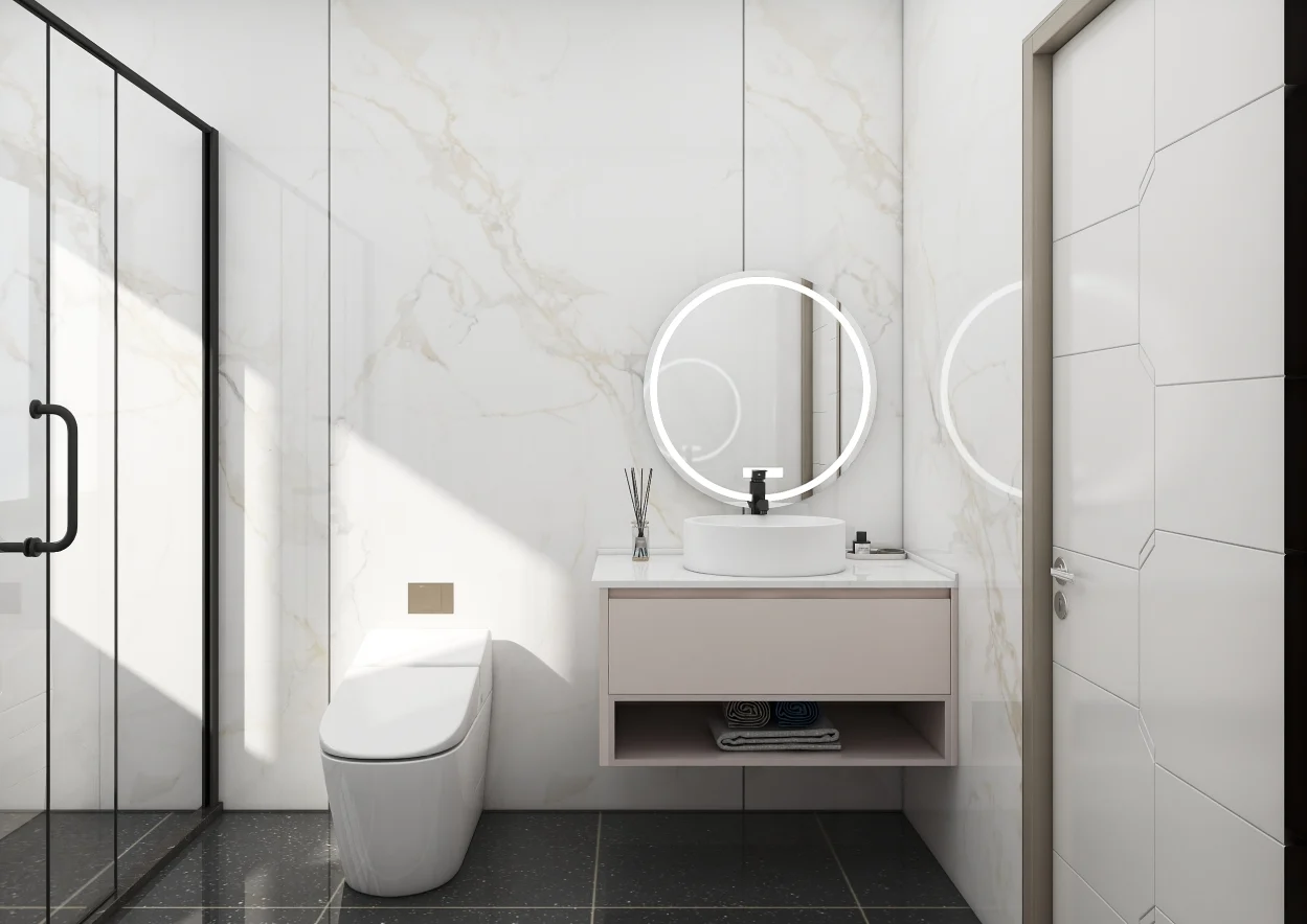 Minimalist bathroom vanity with a round illuminated mirror and light-toned drawer.