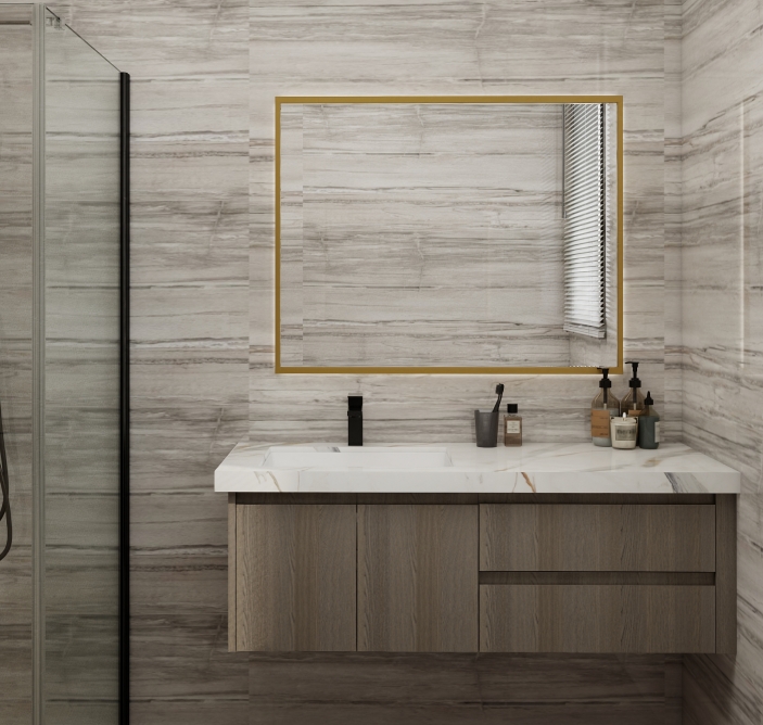 Contemporary bathroom with floating vanity, wooden cabinetry, and gold accents.
