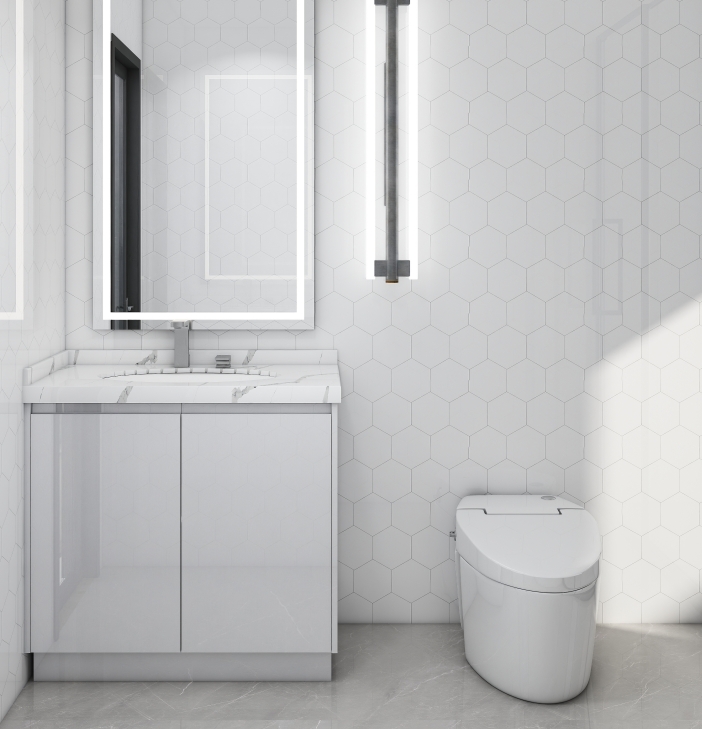 Contemporary bathroom with white vanity and backlit mirrors.