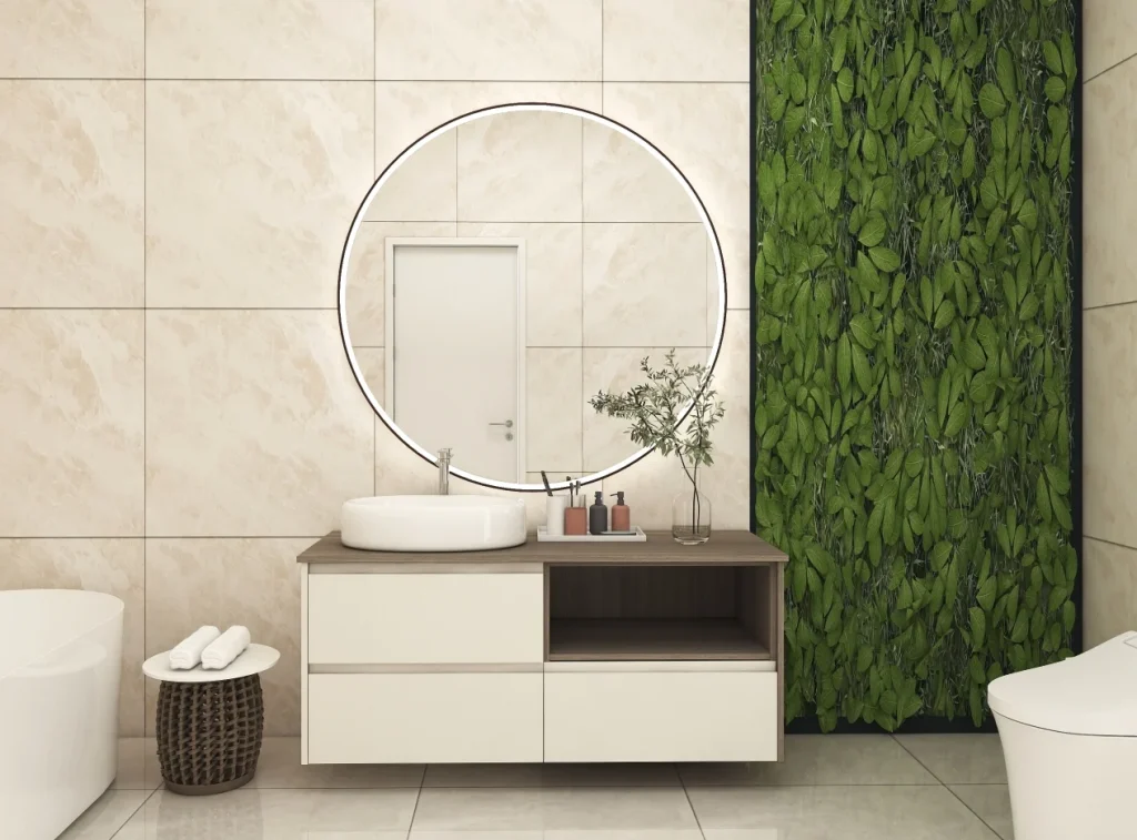 Contemporary bathroom vanity with a wooden surface and white cabinetry, highlighted by a round LED mirror and lush green wall for a natural touch.