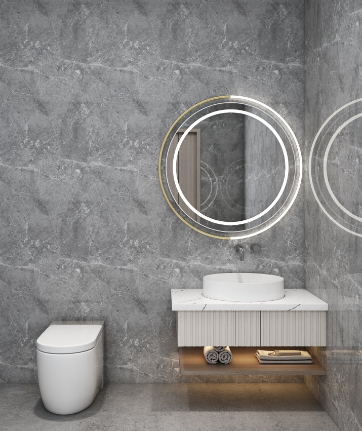 Compact bathroom with a single vanity and built-in storage cabinet.