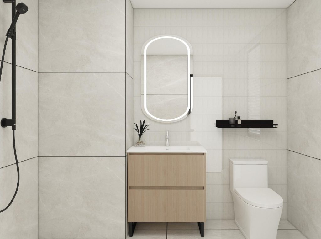Floating MDF vanity with a light wood finish and integrated sink, paired with an illuminated oval mirror.