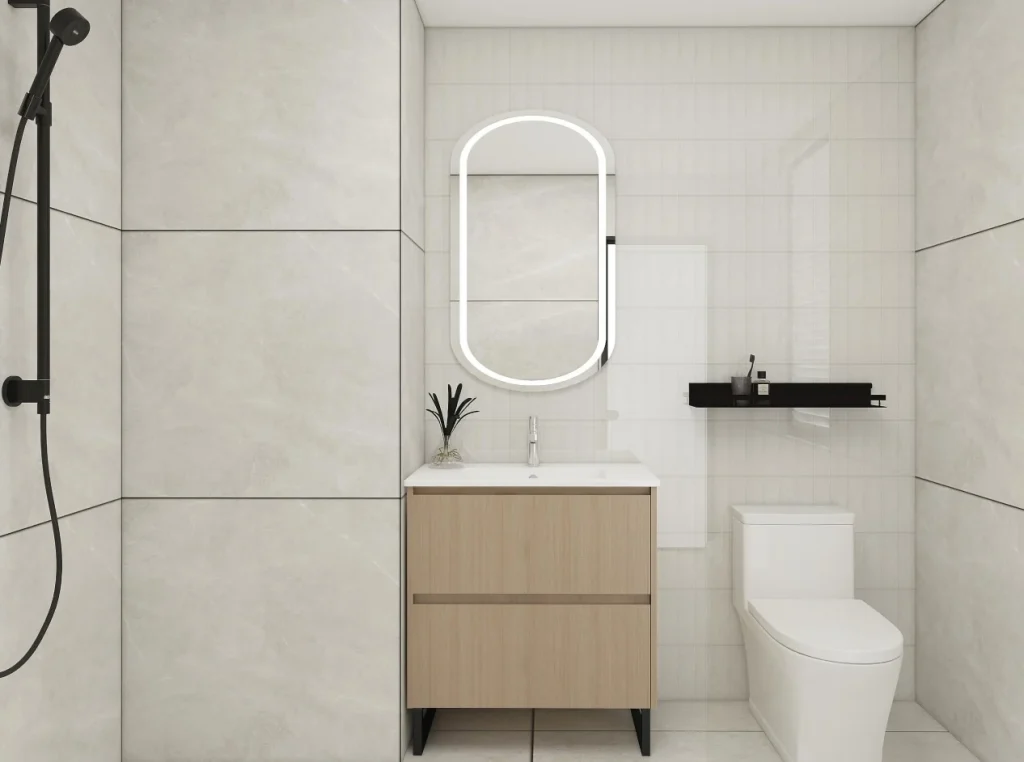Floating MDF vanity with a light wood finish and integrated sink, paired with an illuminated oval mirror.