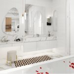 Luxurious marble bathroom with wooden accents and modern lighting.