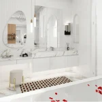 Luxurious marble bathroom with wooden accents and modern lighting.