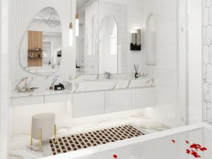 Luxurious marble bathroom with wooden accents and modern lighting.