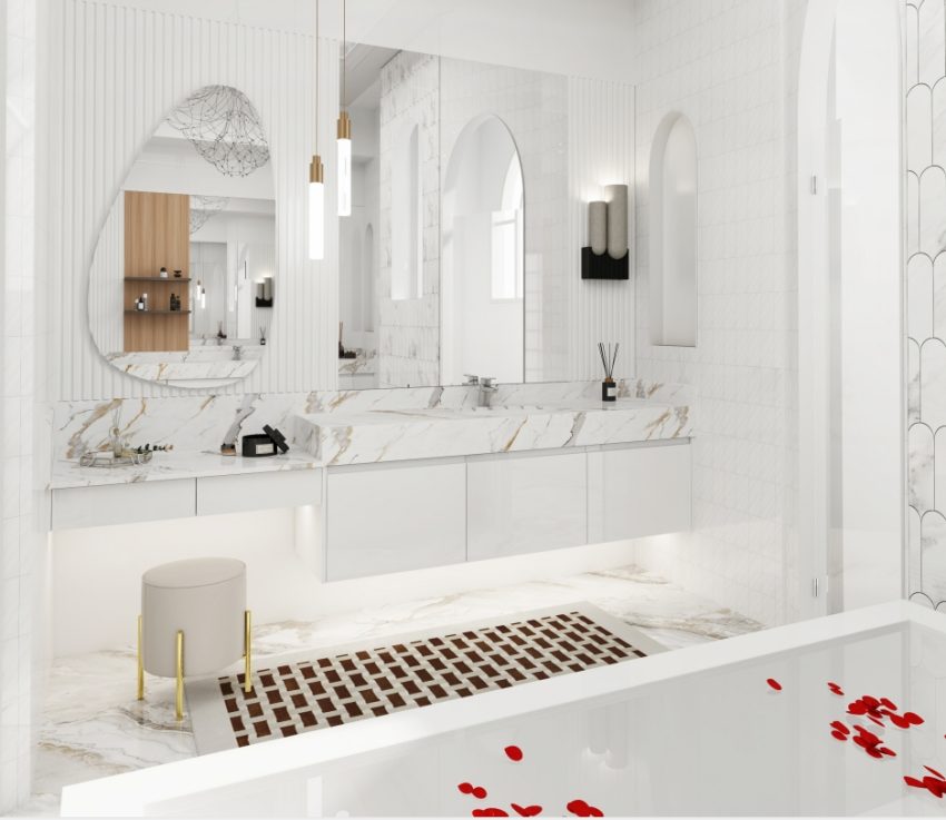 Luxurious marble bathroom with wooden accents and modern lighting.