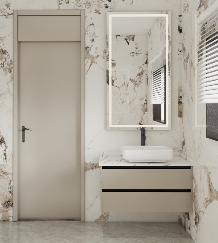 Floating taupe bathroom vanity with a marble countertop and vessel sink, set against a marble-patterned wall.