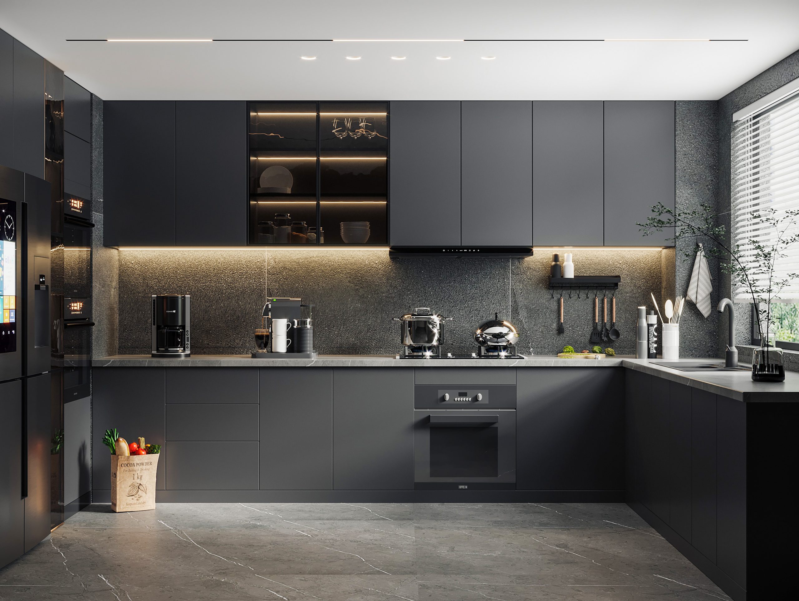 Modern U-Shaped Kitchen with Bold Black Aesthetics