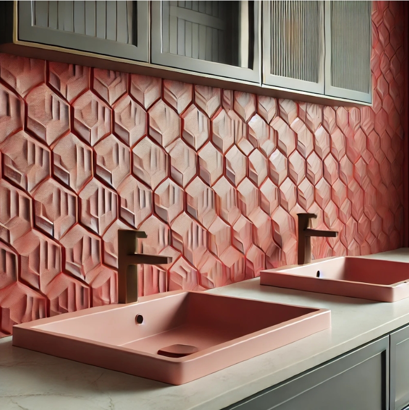 Modern bathroom vanity featuring dual sinks, geometric backsplash, and sleek mirror cabinets.