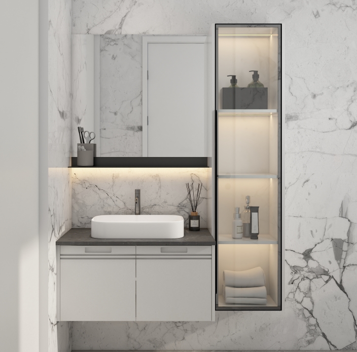 Floating white bathroom vanity with grey countertop, glass shelves, and LED lighting, mounted on marble tiles.