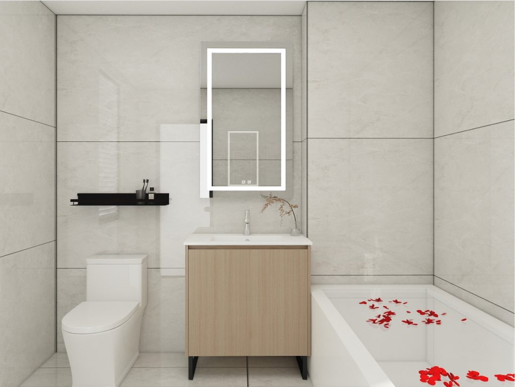 Minimalist bathroom featuring a floating light wood vanity with a white countertop, complemented by large beige tiles and an illuminated rectangular mirror.