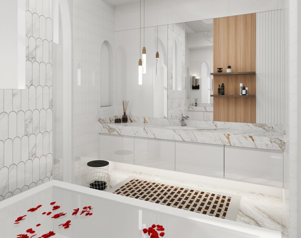 Contemporary bathroom featuring marble and wood finishes.