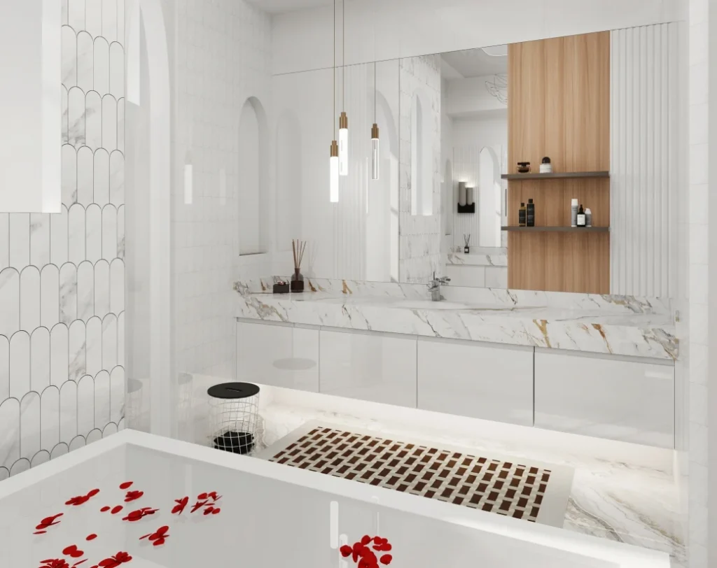 Contemporary bathroom featuring marble and wood finishes.
