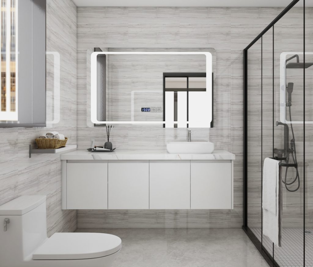 Elegant white bathroom vanity with a large mirror and integrated lighting, perfect for a modern and minimalist bathroom design.