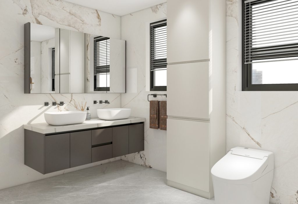 Luxury bathroom with large mirrors and marble walls.