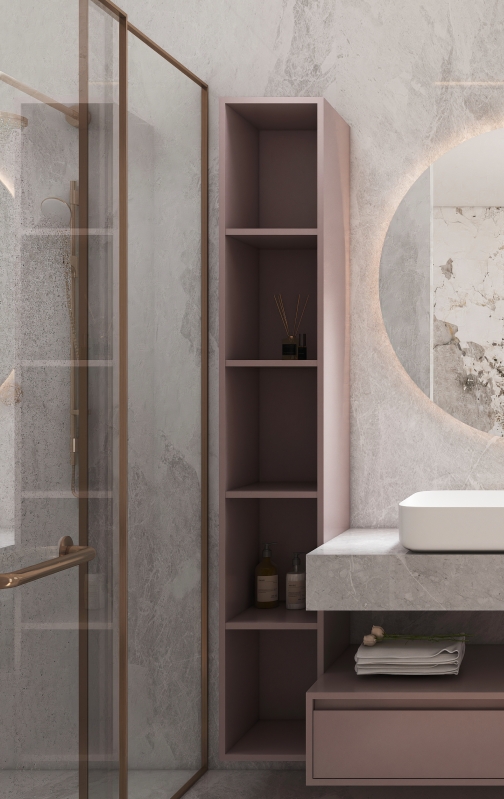 Luxurious bathroom vanity with round mirror and sleek design.