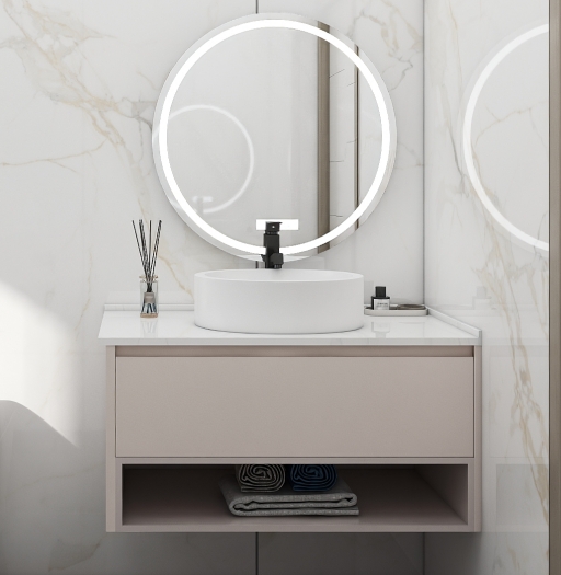 Small bathroom vanity with an illuminated mirror and simple design.