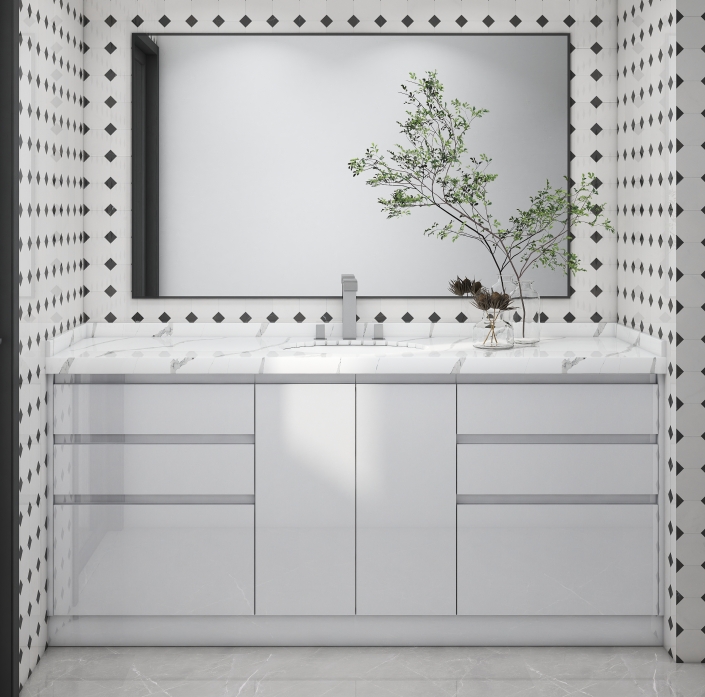 Elegant bathroom with black and white diamond-pattern tiles and sleek white vanity.