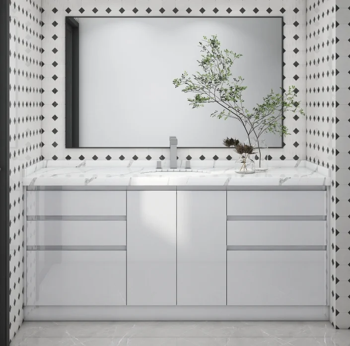 Elegant bathroom with black and white diamond-pattern tiles and sleek white vanity.