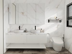 Modern white double-sink vanity with marble countertop and wall-mounted storage.