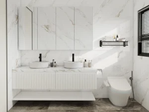 Modern white double-sink vanity with marble countertop and wall-mounted storage.