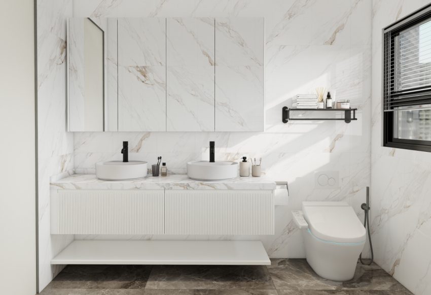 Modern white double-sink vanity with marble countertop and wall-mounted storage.