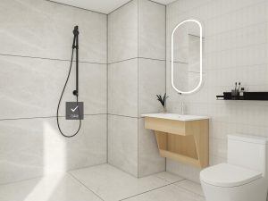 Elegant bathroom vanity with a light wood finish, paired with an illuminated oval mirror, creating a modern and minimalist bathroom design.