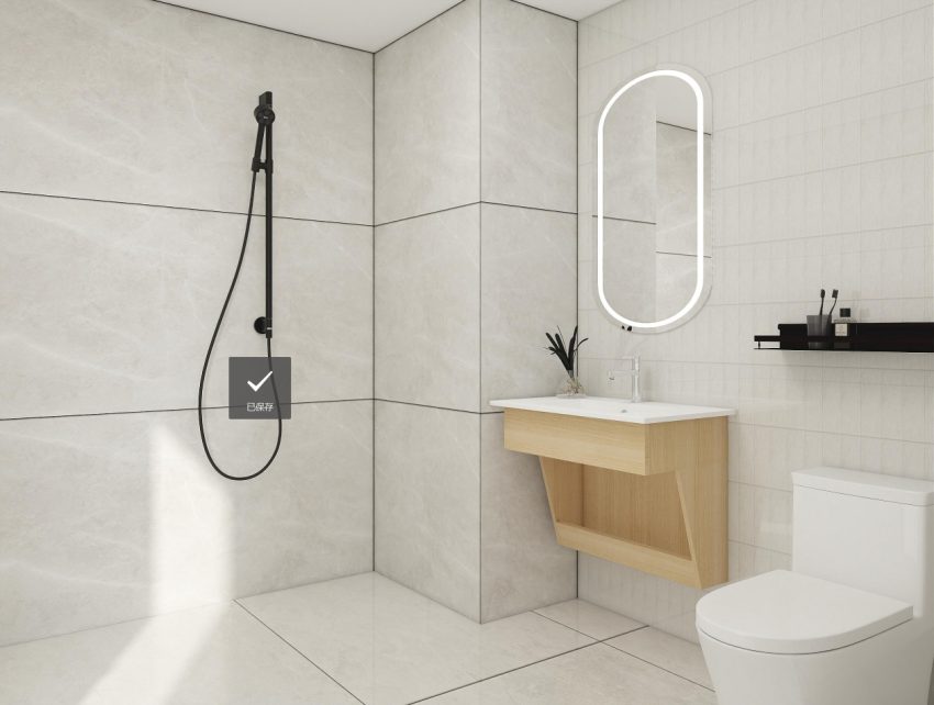 Elegant bathroom vanity with a light wood finish, paired with an illuminated oval mirror, creating a modern and minimalist bathroom design.