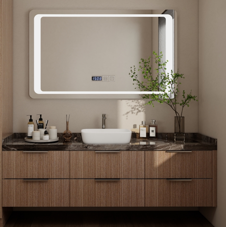Minimalist single sink vanity with wooden cabinet and modern backlit mirror.