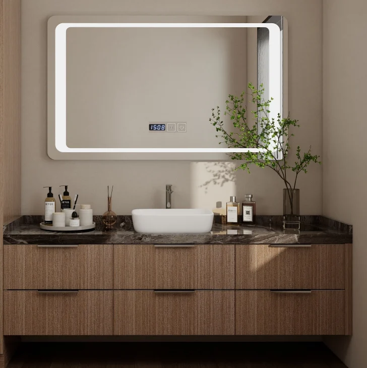 Minimalist single sink vanity with wooden cabinet and modern backlit mirror.