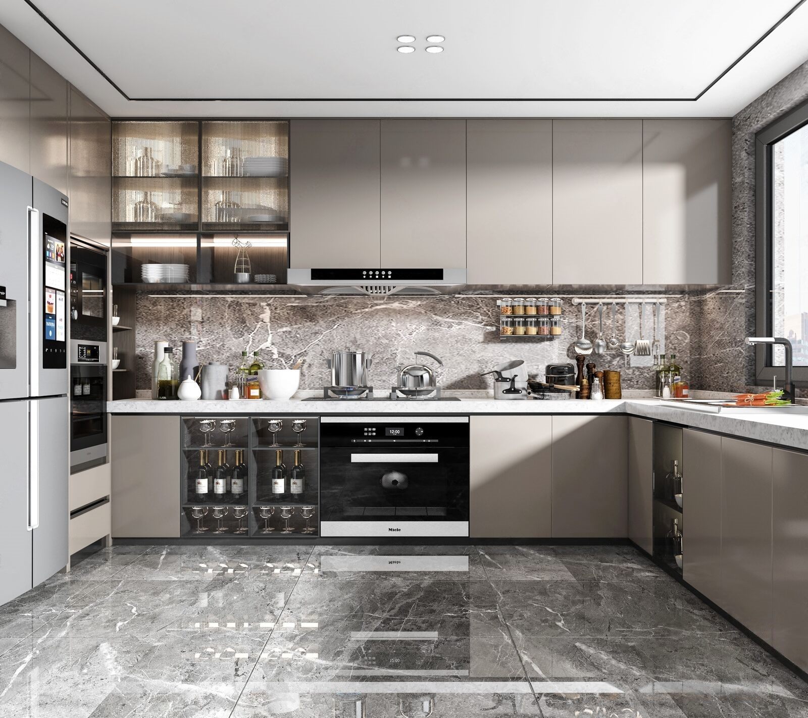 Sophisticated U-Shaped Kitchen with Marble Backsplash and Glass Accents