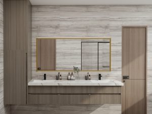 Minimalist bathroom with wooden vanity and gold-framed mirror.