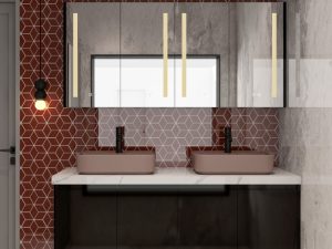 Modern bathroom vanity set with dual rectangular sinks and geometric patterned backsplash.