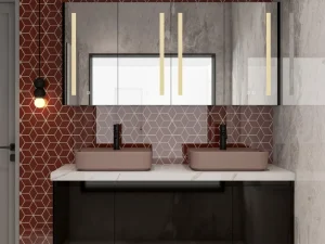 Modern bathroom vanity set with dual rectangular sinks and geometric patterned backsplash.