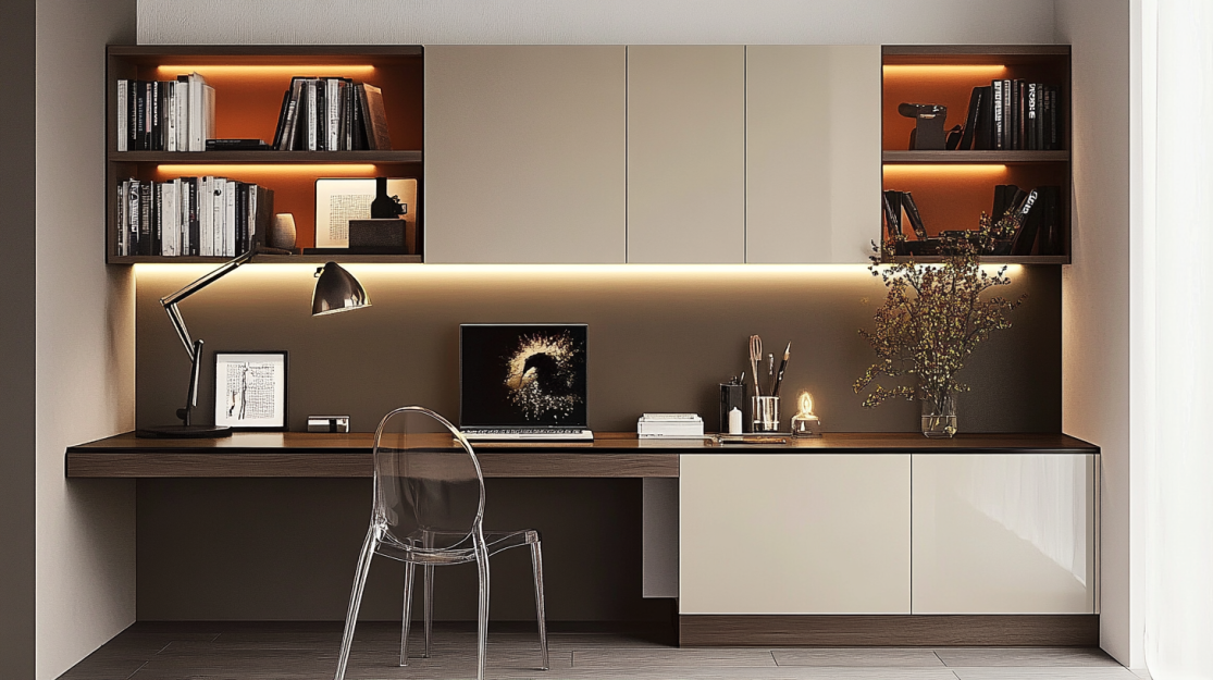 A modern minimalist home office setup featuring