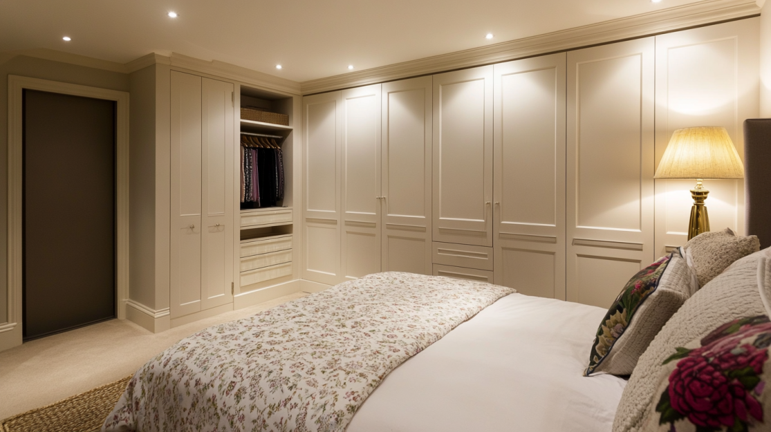 A bedroom with a built-in cabinet