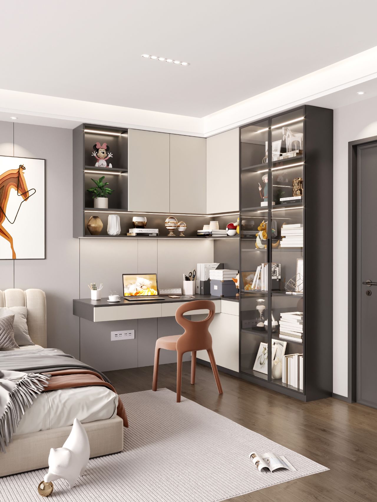 Bookcase Desk with Glass Cabinets and Integrated Drawers for Efficient Storage