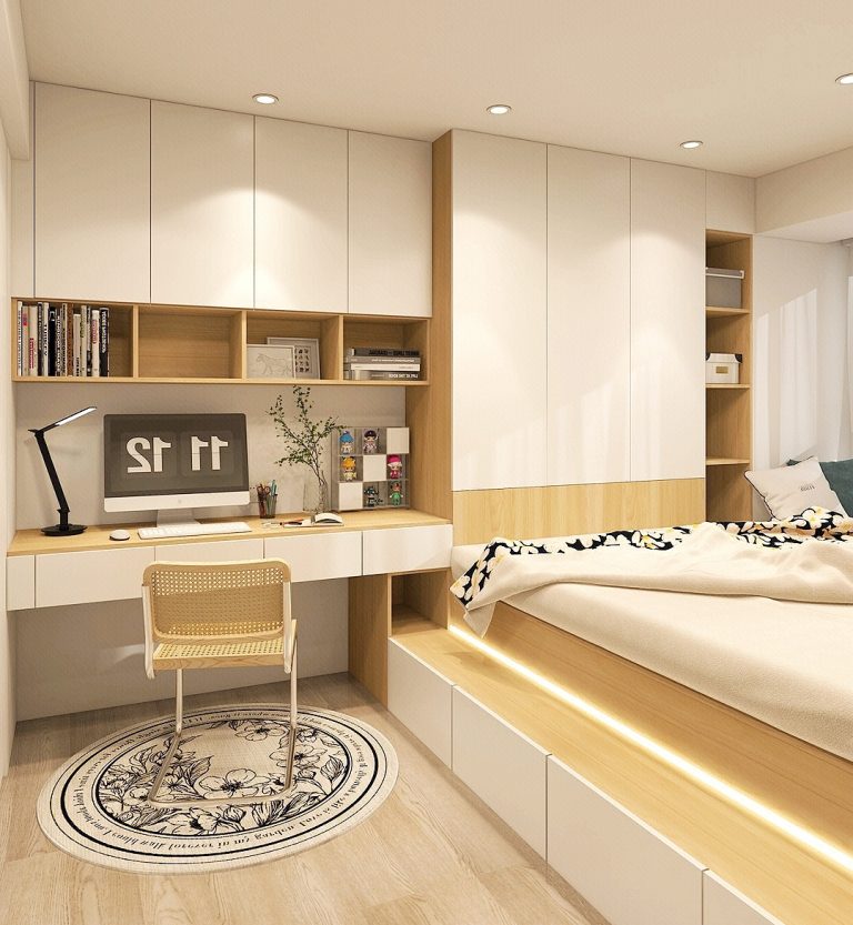 Compact Bookcase Desk Integrated with Bedroom Decor for a Cohesive Look