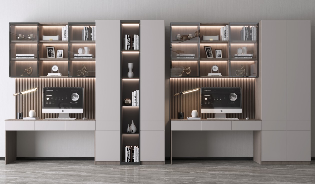 Dual Workstation Bookcase Desk with LED-Lit Shelving and Ample Storage