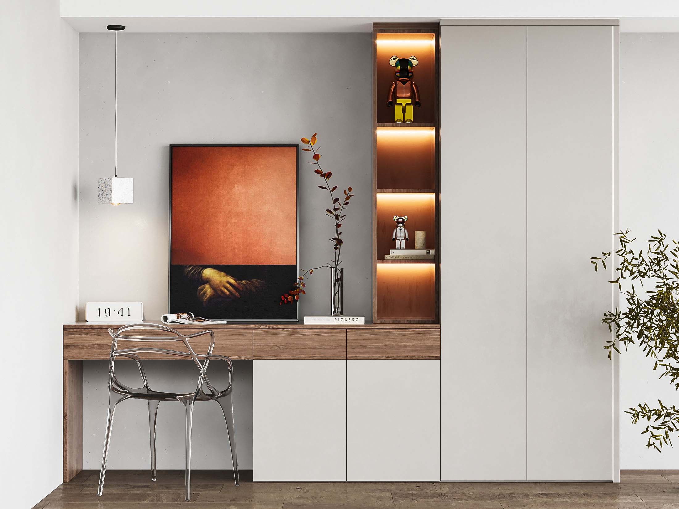 Minimalist Bookcase Desk with Integrated Storage and Ambient Lighting