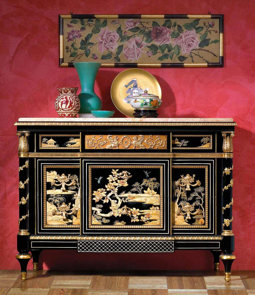Black Lacquer Cabinets with Gold Detailing