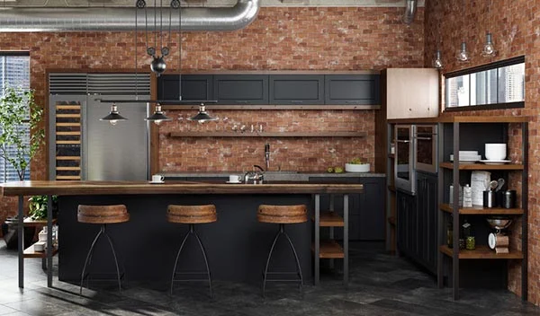 Industrial Style Black Cabinets with Exposed Elements