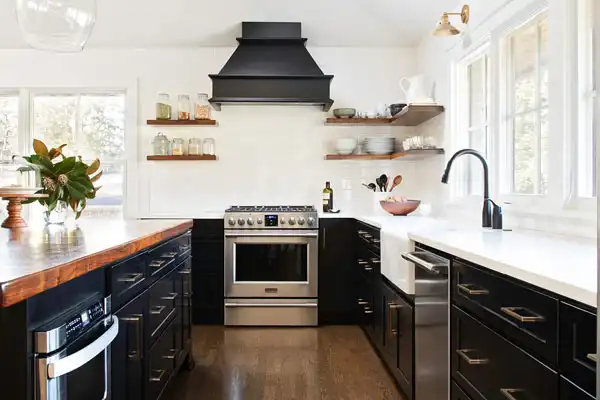 Open Shelving and Black Lower Cabinets